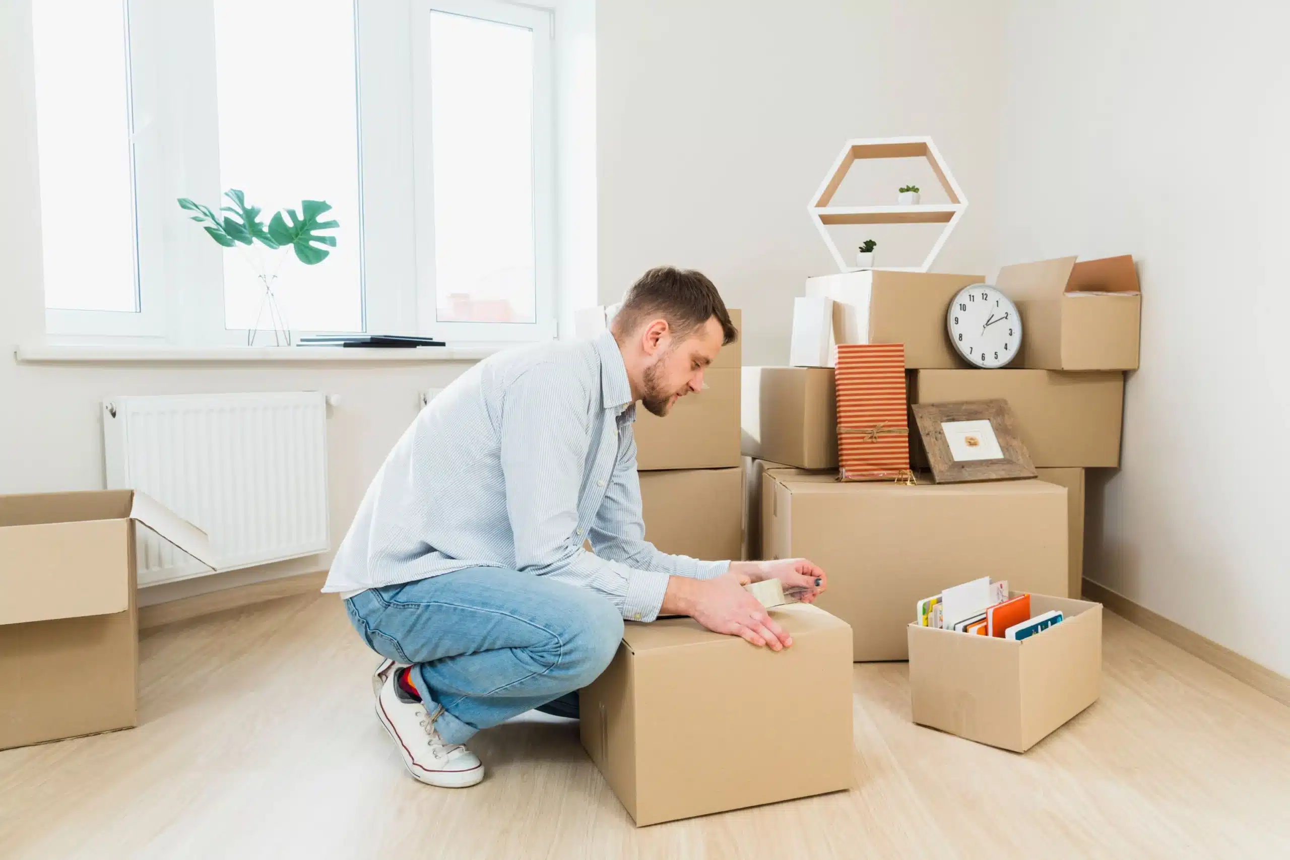 junger-mann-Verpackung-Kartons-home